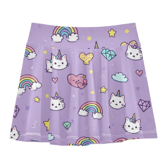 Girls' Skorts Elastic Waist Skorts with Inner Shorts Athletic Workout Shorts Skirts Cat Face and Rainbows Pattern X-Large