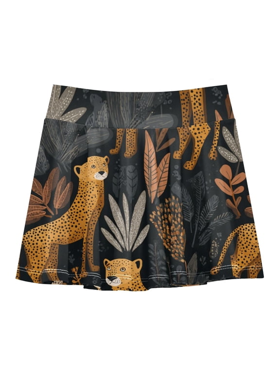 Girls' Skorts Elastic Waist Skorts with Inner Shorts Athletic Workout Shorts Skirts Cheetahs and Jungle Foliage Pattern Small