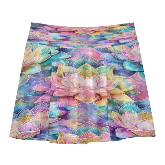 Girls' Skorts Elastic Waist Skorts with Inner Shorts Athletic Workout Shorts Skirts Colorful Lotus Pattern X-Large