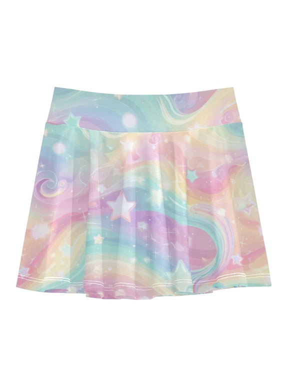 Girls' Skorts Elastic Waist Skorts with Inner Shorts Athletic Workout Shorts Skirts Cute Pastel Rainbow Background Small