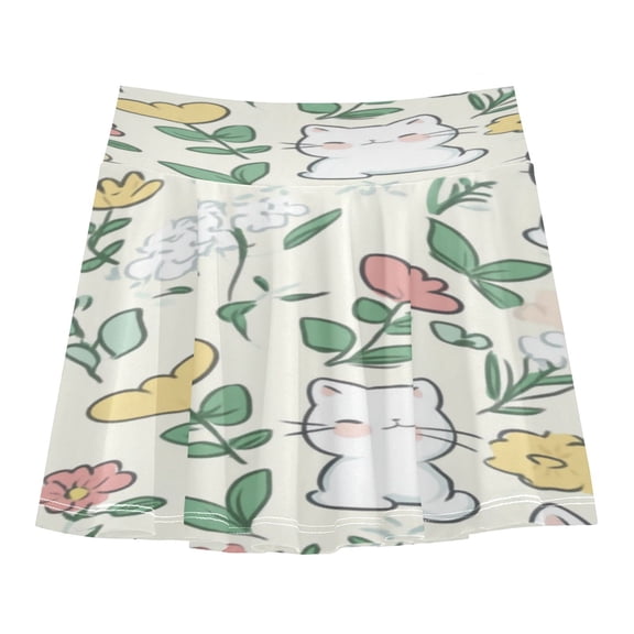 Girls' Skorts Elastic Waist Skorts with Inner Shorts Athletic Workout Shorts Skirts Cute White Cat Pattern Small