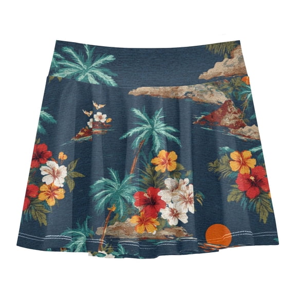 Girls' Skorts Elastic Waist Skorts with Inner Shorts Athletic Workout Shorts Skirts Flowers and Palm Trees Pattern Small