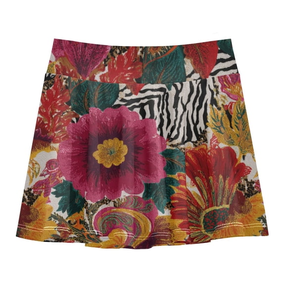 Girls' Skorts Elastic Waist Skorts with Inner Shorts Athletic Workout Shorts Skirts Flowers and Zebra Print Small