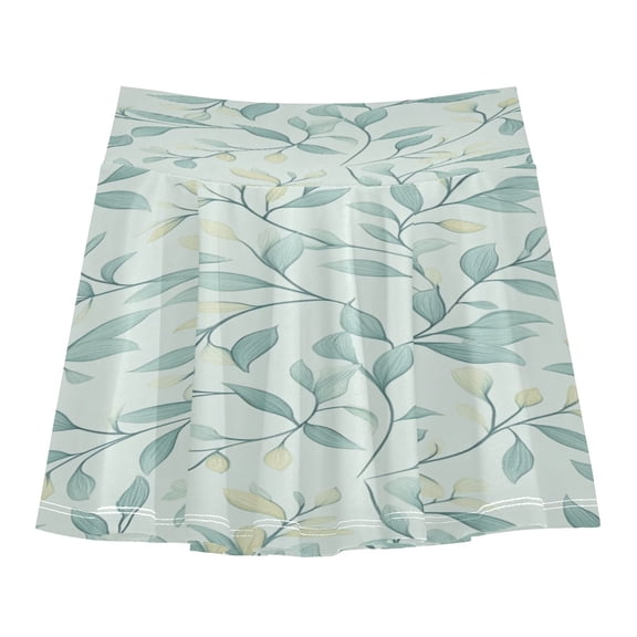 Girls' Skorts Elastic Waist Skorts with Inner Shorts Athletic Workout Shorts Skirts Green Leaf Pattern Small