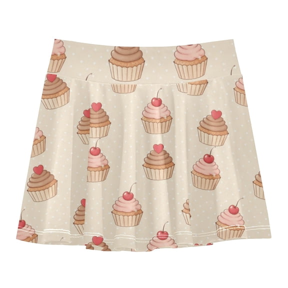 Girls' Skorts Elastic Waist Skorts with Inner Shorts Athletic Workout Shorts Skirts Light Brown Cupcake Pattern X-Small