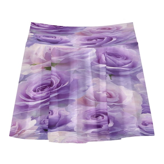 Girls' Skorts Elastic Waist Skorts with Inner Shorts Athletic Workout Shorts Skirts Light Purple Roses Pattern Small