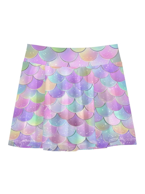 Girls' Skorts Elastic Waist Skorts with Inner Shorts Athletic Workout Shorts Skirts Mermaid Scale Pattern X-Large