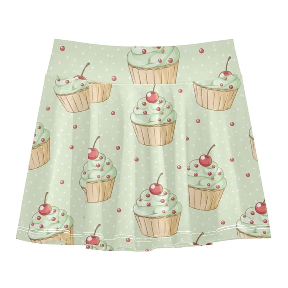Girls' Skorts Elastic Waist Skorts with Inner Shorts Athletic Workout Shorts Skirts Mint Green Cupcake Pattern X-Small