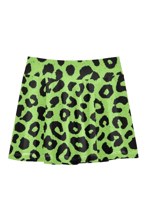 Girls' Skorts Elastic Waist Skorts with Inner Shorts Athletic Workout Shorts Skirts Neon Green Leopard Print Large