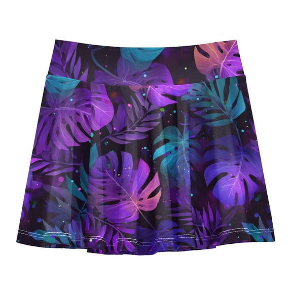 Girls' Skorts Elastic Waist Skorts with Inner Shorts Athletic Workout Shorts Skirts Neon Palm Leaves Pattern Small