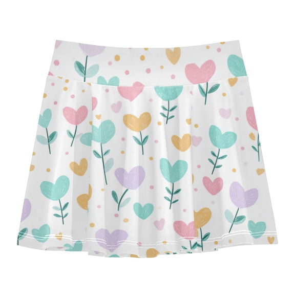Girls' Skorts Elastic Waist Skorts with Inner Shorts Athletic Workout Shorts Skirts Pastel Spring Hearts Pattern X-Small
