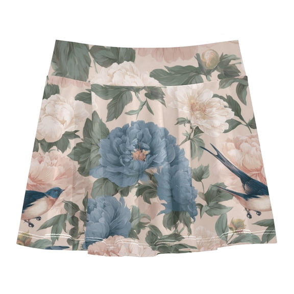Girls' Skorts Elastic Waist Skorts with Inner Shorts Athletic Workout Shorts Skirts Peonies and Swallows Pattern X-Small