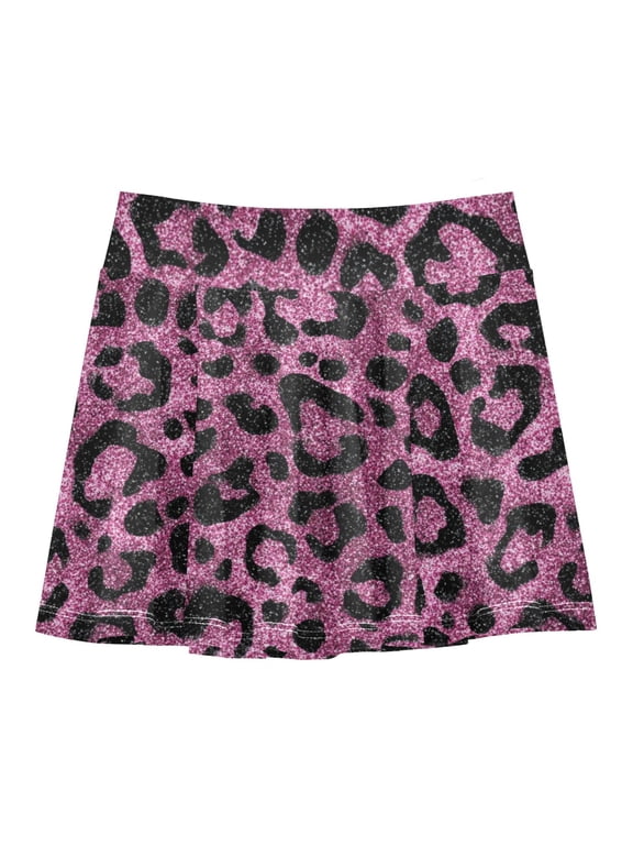 Girls' Skorts Elastic Waist Skorts with Inner Shorts Athletic Workout Shorts Skirts Pink Glitter Cheetah Print Small