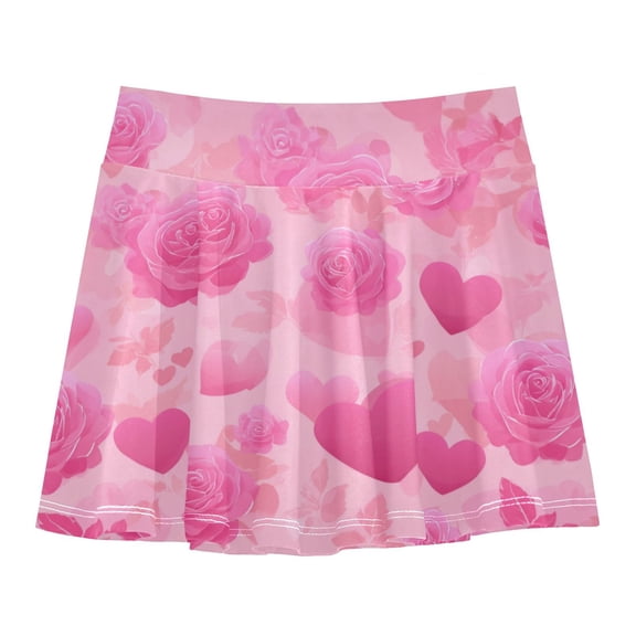 Girls' Skorts Elastic Waist Skorts with Inner Shorts Athletic Workout Shorts Skirts Pink Hearts and Roses Pattern Small