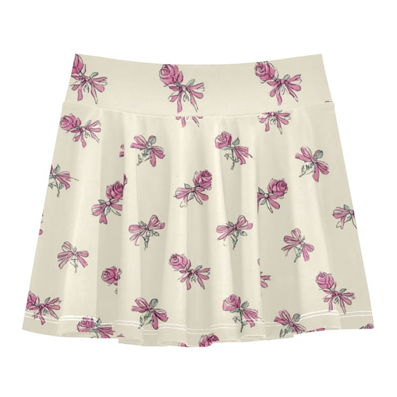 Girls' Skorts Elastic Waist Skorts with Inner Shorts Athletic Workout Shorts Skirts Pink Roses and Bows Pattern X-Small