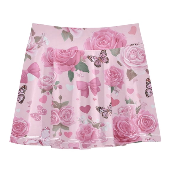 Girls' Skorts Elastic Waist Skorts with Inner Shorts Athletic Workout Shorts Skirts Pink Roses and Butterflies Small