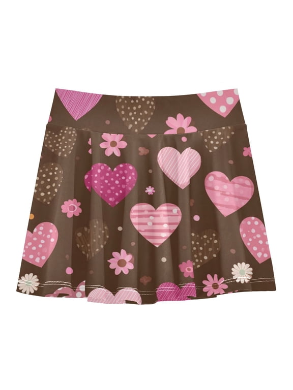 Girls' Skorts Elastic Waist Skorts with Inner Shorts Athletic Workout Shorts Skirts Pink and Brown Hearts Pattern Large