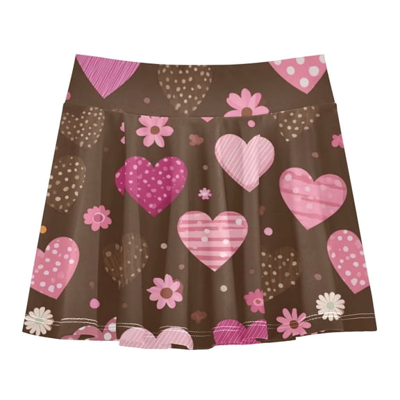 Girls' Skorts Elastic Waist Skorts with Inner Shorts Athletic Workout Shorts Skirts Pink and Brown Hearts Pattern Small