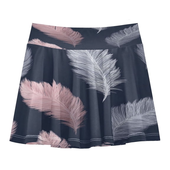 Girls' Skorts Elastic Waist Skorts with Inner Shorts Athletic Workout Shorts Skirts Pink and Gray Feathers Pattern X-Large