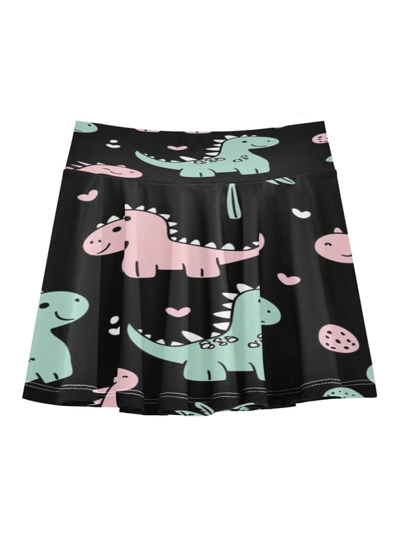 Girls' Skorts Elastic Waist Skorts with Inner Shorts Athletic Workout Shorts Skirts Pink and Green Dinosaurs Small