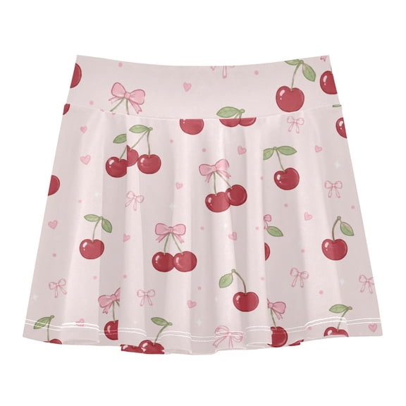 Girls' Skorts Elastic Waist Skorts with Inner Shorts Athletic Workout Shorts Skirts Red Cherry and Pink Ribbon Pattern X-Small