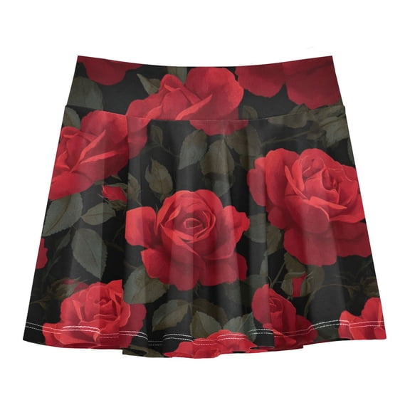 Girls' Skorts Elastic Waist Skorts with Inner Shorts Athletic Workout Shorts Skirts Red Roses Pattern Small