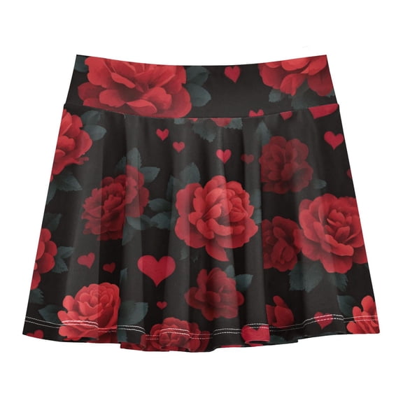Girls' Skorts Elastic Waist Skorts with Inner Shorts Athletic Workout Shorts Skirts Red Roses and Hearts Pattern Small