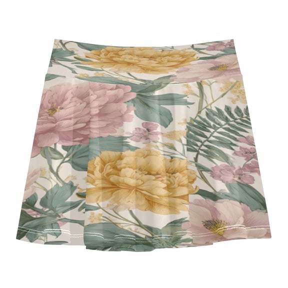 Girls' Skorts Elastic Waist Skorts with Inner Shorts Athletic Workout Shorts Skirts Retro Plant Pattern Small