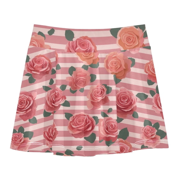 Girls' Skorts Elastic Waist Skorts with Inner Shorts Athletic Workout Shorts Skirts Roses and Stripes Pattern Small