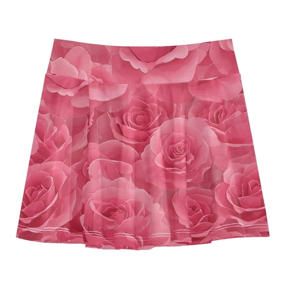 Girls' Skorts Elastic Waist Skorts with Inner Shorts Athletic Workout Shorts Skirts Seamless Pattern with Pink Rose Small