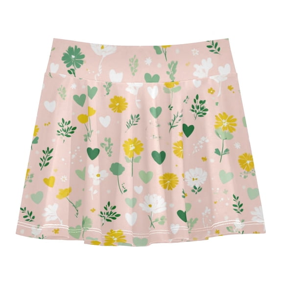 Girls' Skorts Elastic Waist Skorts with Inner Shorts Athletic Workout Shorts Skirts Spring Flowers and Hearts Pattern X-Small
