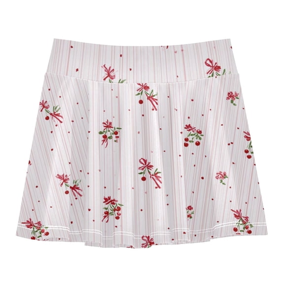 Girls' Skorts Elastic Waist Skorts with Inner Shorts Athletic Workout Shorts Skirts Stripes with Cherry Pattern X-Small