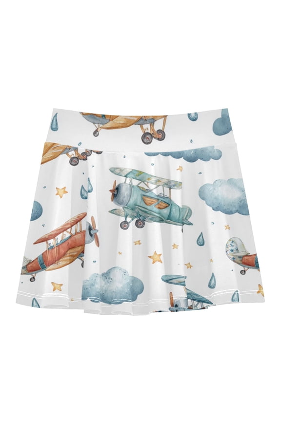 Girls' Skorts Elastic Waist Skorts with Inner Shorts Athletic Workout Shorts Skirts Watercolor Airplane Pattern Medium