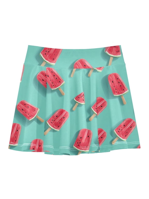 Girls' Skorts Elastic Waist Skorts with Inner Shorts Athletic Workout Shorts Skirts Watermelon Popsicle Pattern Small