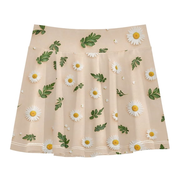 Girls' Skorts Elastic Waist Skorts with Inner Shorts Athletic Workout Shorts Skirts White Daisy Pattern Small