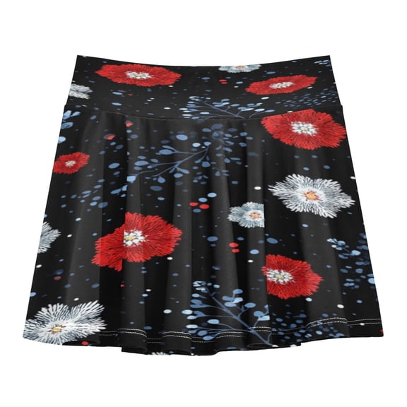 Girls' Skorts Elastic Waist Skorts with Inner Shorts Athletic Workout Shorts Skirts White Flowers and Blue Dots X-Large