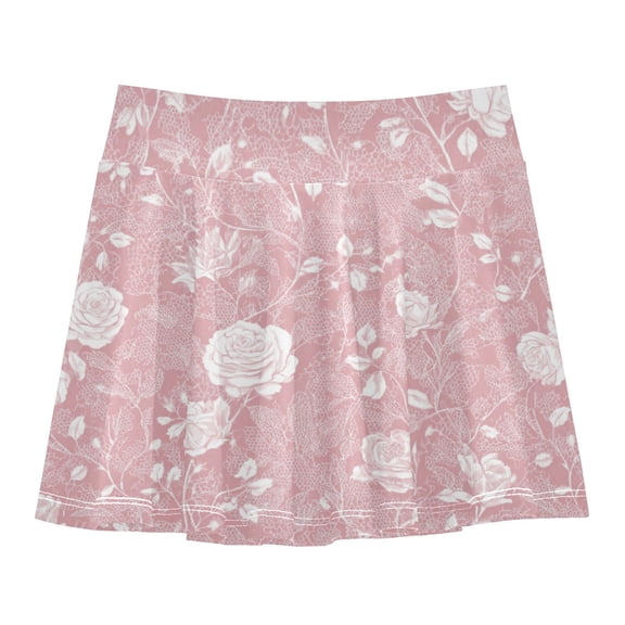 Girls' Skorts Elastic Waist Skorts with Inner Shorts Athletic Workout Shorts Skirts White Roses and Vines X-Small