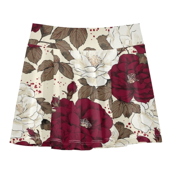 Girls' Skorts Elastic Waist Skorts with Inner Shorts Athletic Workout Shorts Skirts White and Crimson Roses Pattern Small