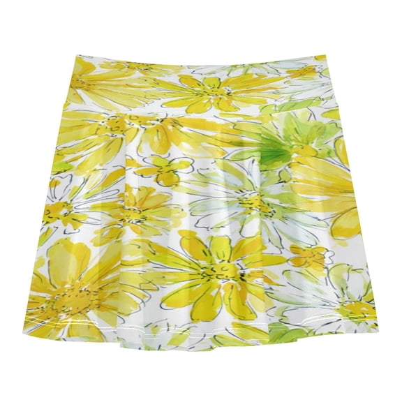 Girls' Skorts Elastic Waist Skorts with Inner Shorts Athletic Workout Shorts Skirts Yellow Daisy Pattern X-Large