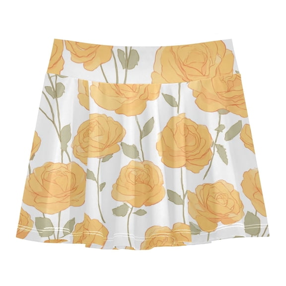 Girls' Skorts Elastic Waist Skorts with Inner Shorts Athletic Workout Shorts Skirts Yellow Roses Pattern Small