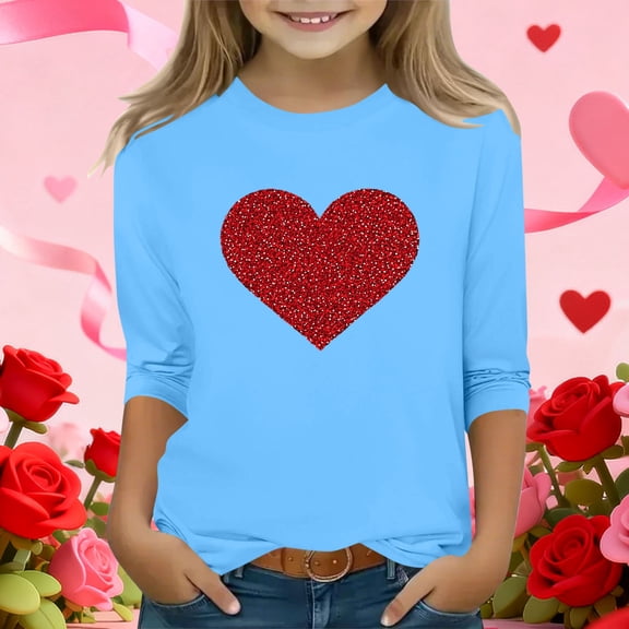 Girls Sky Blue Glitter Heart Top - Cold Shoulder 3/4 Sleeve Soft Stretchy Casual Shirt for Girls 4-12,Size 3-4T