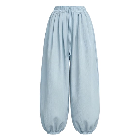 Girls Sky Blue Parachute Wide Leg Balloon Style Casual Lounge Pants with Elastic Waist Drawstring,Size 14-15T