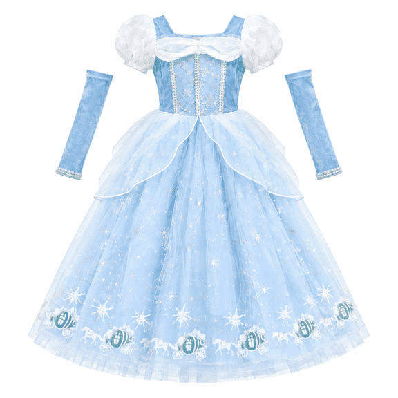 AOKAOK Girls Sky Blue Puff Sleeve Tulle Party Gown, Fantasy Ball Dress for Birthday Halloween Cosplay, 7Y