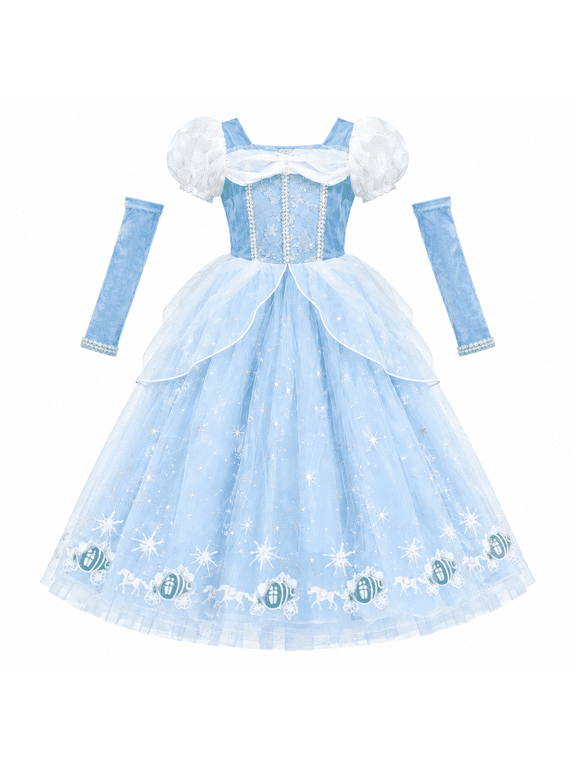 Girls Sky Blue Puff Sleeve Tulle Party Gown, Kids Fantasy Ball Dress for Birthday, Halloween Cosplay & Themed Events, Ages 3-8