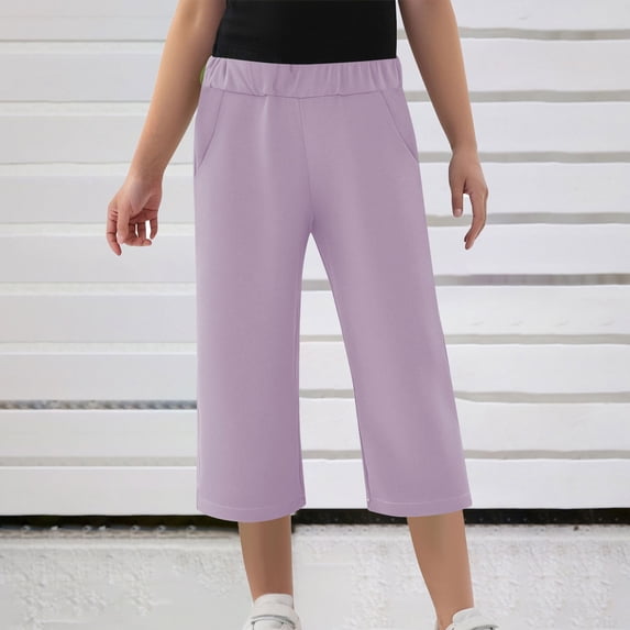 Girls Sleep Shorts Children Kids Solid Color Capris Stretchy Casual Pull on Cropped Sports Pants with Pockets Purple 7Y
