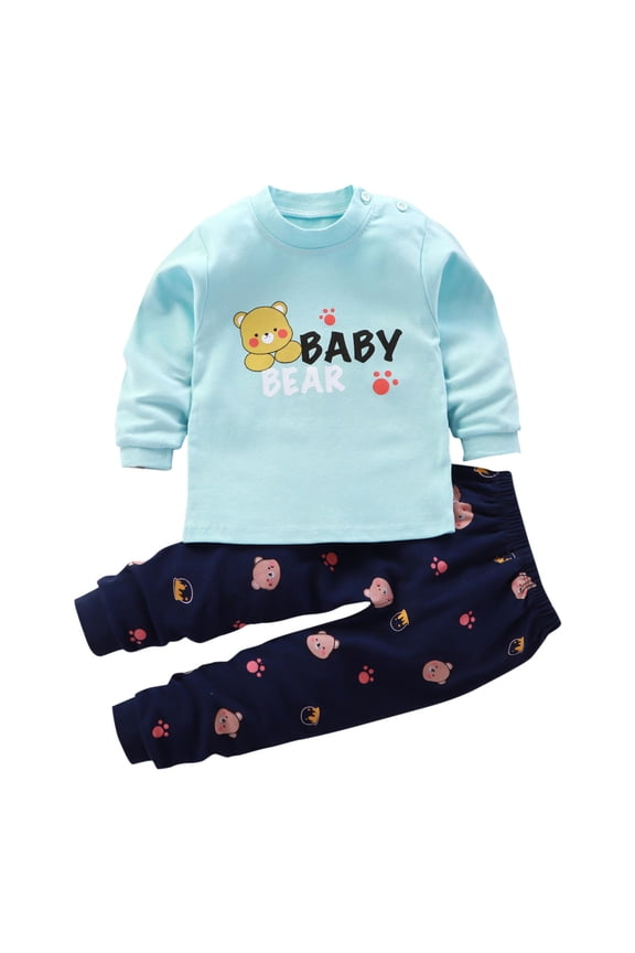Girls' Sleepwear Boy 2 Piece Outfits Toddler Crew Neck Cotton Top Pants Suit 3m-6y Kids Clothes Thermal Underwear Set, Light Blue, 3 Months