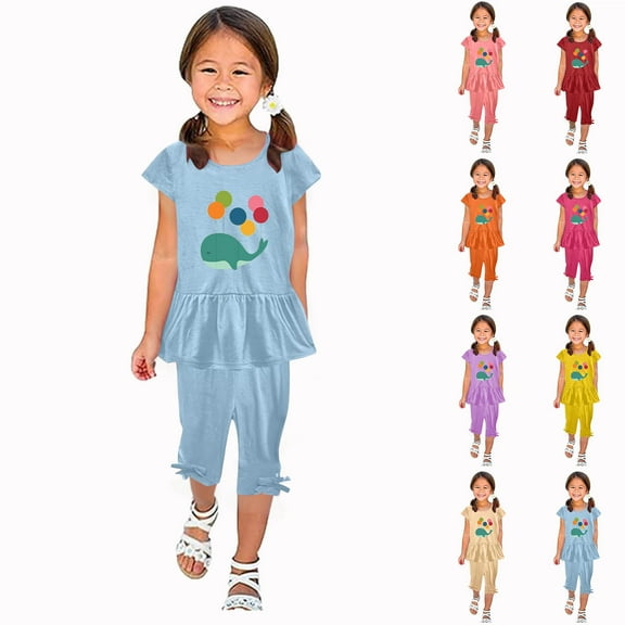 Girls' Sleepwear Agkizg 2-Piece Girls' Pajama Sets,Kids Nightwear Loungewear Clothes Set,Round Neck Print Short Sleeved Elastic Waist Cropped Pants Two-piece Set