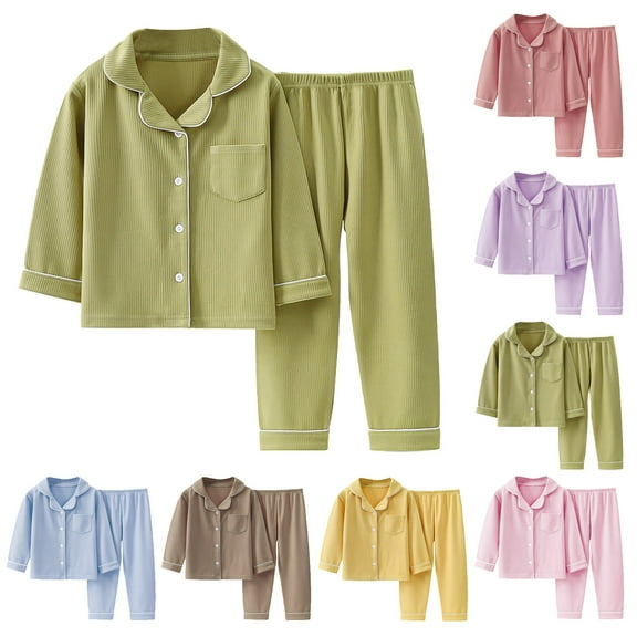 Girls' Sleepwear Agkizg 2-Piece Girls' Pajama Sets,Kids Nightwear Loungewear Clothes Set,Toddler Baby Kids Solid Color Long Sleeved Button Thin Velvet Home Wear Clothes Suit