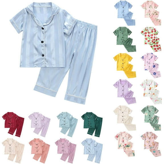 Girls Sleepwear loopsun 2-Piece Girls Pajama Sets, Kids Nightwear Loungewear Clothes Sets, Silk Satin Pajamas Set Short Sleeve Sleepwear Button Up Loungewear 2 Piece Pjs Pants Set
