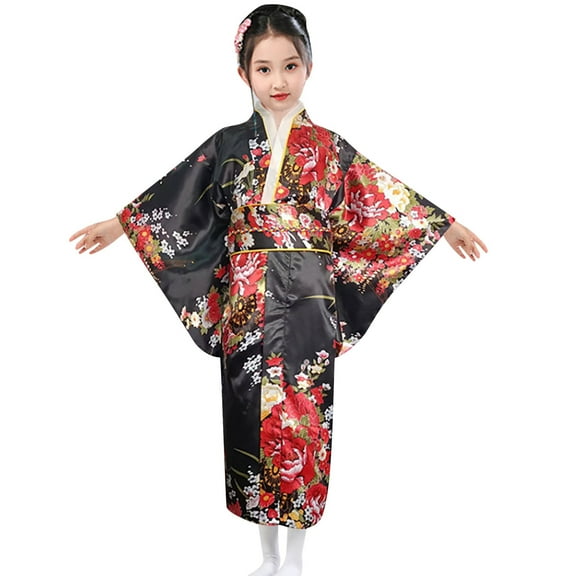 Girls Sleepwear & Robes Japanese Traditional Dress Kimono Robe For Kids Girls Yukata Kimono Anime Robe Black 9 Years-10 Years
